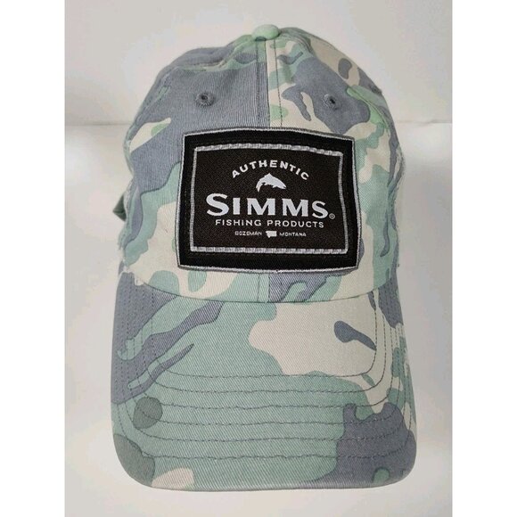 Simms Fishing Adjustable Strapback Hat Cap Green Blue Camo Embroidered Patch - Picture 1 of 8